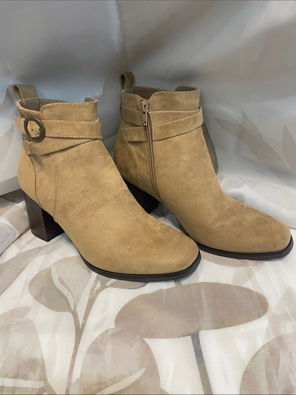 Sonoma Tan Suede Ankle Booties with Buckle Strap
